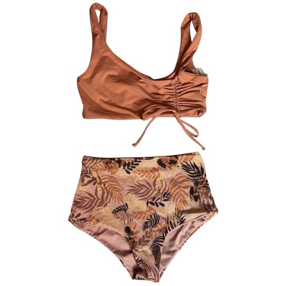 L*Space Neutral Brown 2 Piece Bikini Swimsuit Wilder Top & High Waist Bottom XS - Picture 2 of 13